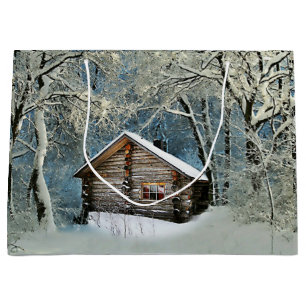 Sacola Para Presentes Grande Magia de inverno da Cabine de Log Rústica