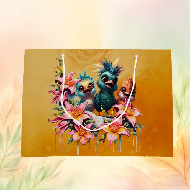 Sacola Para Presentes Grande Magia de pássaros em um mar ​ flores ​ (Criador carregado)