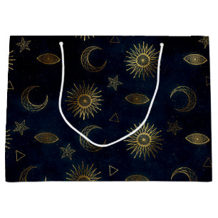 Sacola Para Presentes Grande Magia Dourada Sol-Lua Estrelas Azul Escuro