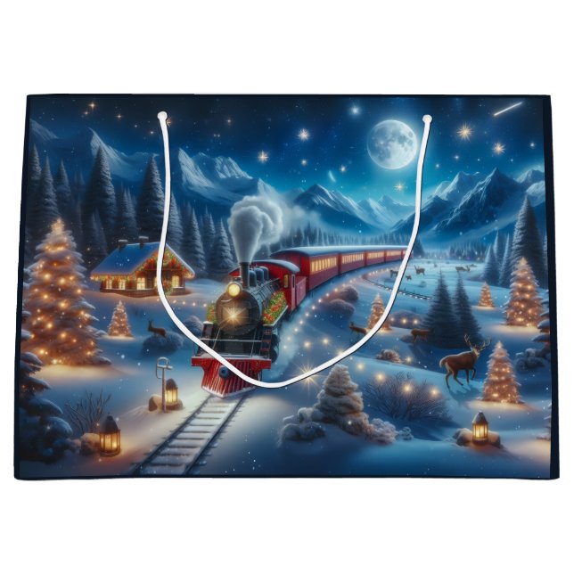 Sacola Para Presentes Grande Magical Snowy Christmas Train Winter Scene (Frente)