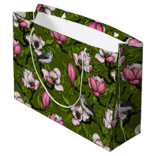 Sacola Para Presentes Grande Magnólia florescente e pássaro 2