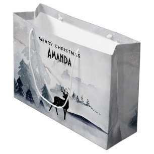 Sacola Para Presentes Grande Maiestésico Reindeer Cinza Aquarela Feliz Natal
