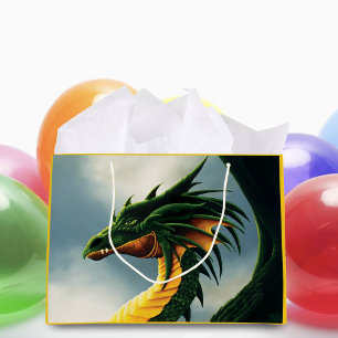 Sacola Para Presentes Grande Majestoso Dragão Verde Esmeralda Fantasia