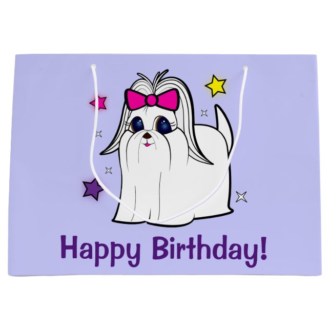 Sacola Para Presentes Grande Maltês com arco e feliz aniversario das estrelas (Frente)