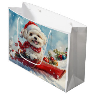 Sacola Para Presentes Grande Malti Tzu Cachorro no Trenó Neve de Natal