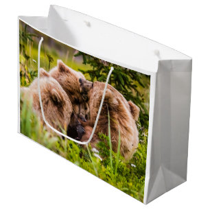 Sacola Para Presentes Grande Mamãe urso cuidando de seus dois filhotes, Lago Cl