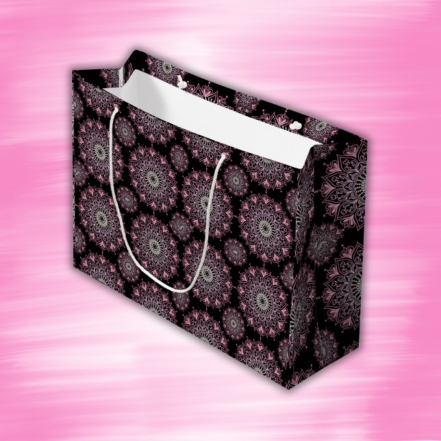 Sacola Para Presentes Grande Mandala rosa bonito a preto | (Criador carregado)