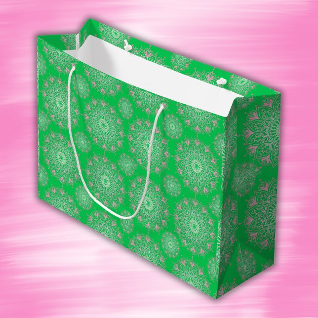 Sacola Para Presentes Grande Mandala rosa bonito em verde | (Criador carregado)