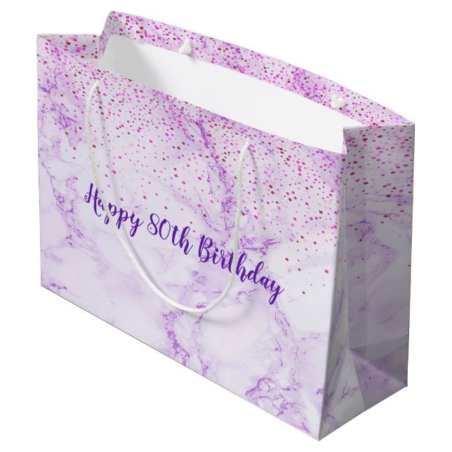 Sacola Para Presentes Grande Marble confetti lavanda de aniversário elegante (Verso inclinado)
