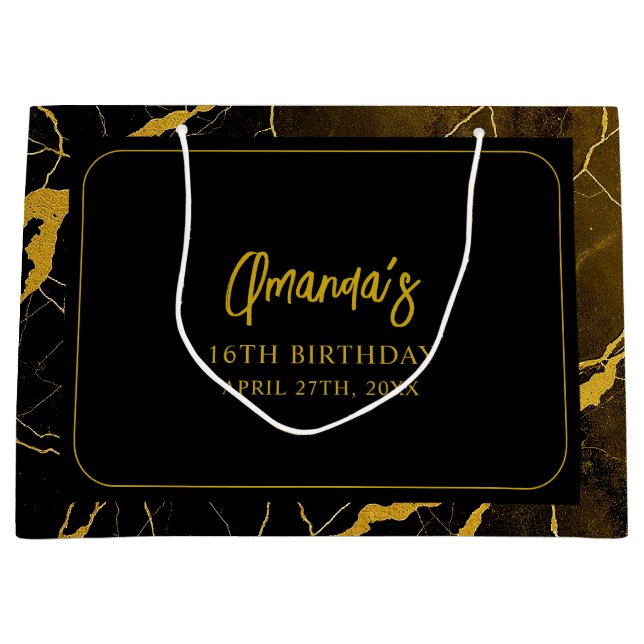 Sacola Para Presentes Grande Marble Negro e Dourado em greve Doce 16 Aniversári (Frente)