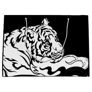 SACOLA PARA PRESENTES GRANDE MARCA DE PRESSÃO PRETA E BRANCA DE TIGRE PRETA