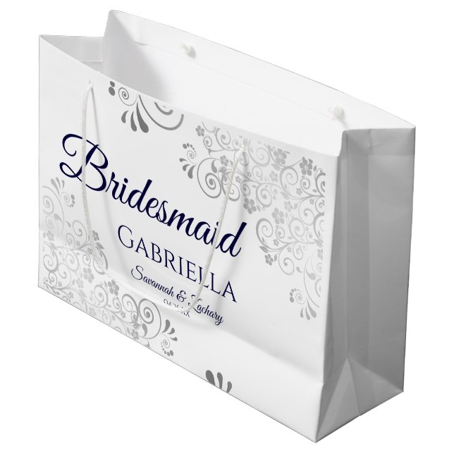 Sacola Para Presentes Grande Marinho Azul de Prata no Casamento da Branca (Frente inclinada)