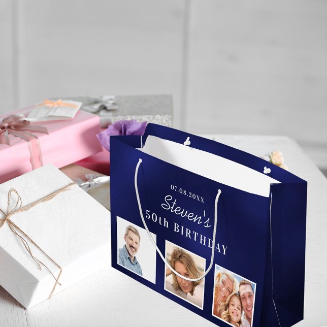 Sacola Para Presentes Grande Marinho de aniversário monograma de fotos personal (Criador carregado)