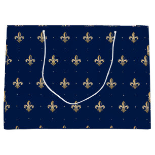 Sacola Para Presentes Grande Marinho Dourado Luxuoso Fleur de Lis