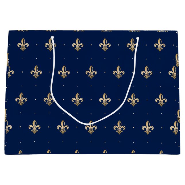 Sacola Para Presentes Grande Marinho Dourado Luxuoso Fleur de Lis (Frente)