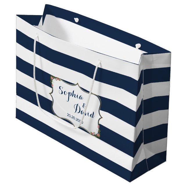 Sacola Para Presentes Grande Marinho Elegante Blue Stripes Bag Personalizado (Frente inclinada)