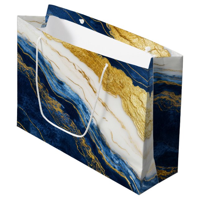 Sacola Para Presentes Grande Marinho Luxurioso Azul e Dourado Mármaco Folha (Frente inclinada)