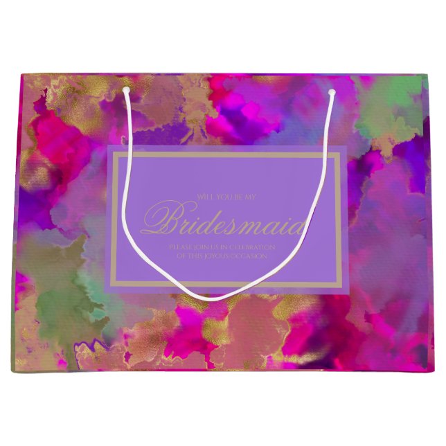 Sacola Para Presentes Grande Mármaco rosa, roxo, dourado (Frente)