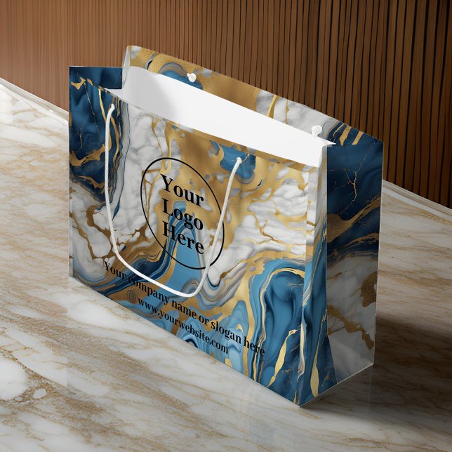 Sacola Para Presentes Grande Mármore azul, dourado e branco (Criador carregado)