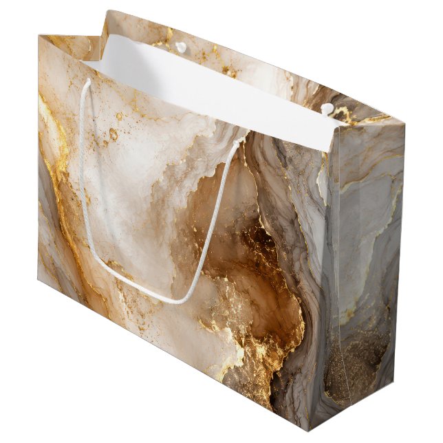 Sacola Para Presentes Grande Mármore Branco Abstrato Dourado e Marfim (Frente inclinada)