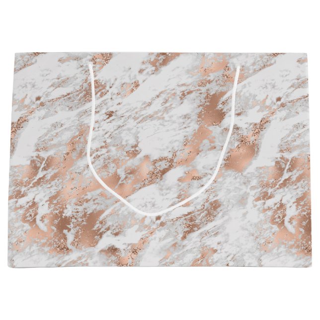 Sacola Para Presentes Grande Mármore Glitzy Branco Dourado Rosa Bonito (Frente)