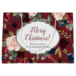 Sacola Para Presentes Grande Marsala & Feliz Natal floral do marinho