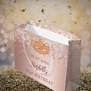 Sacola Para Presentes Grande Mascarada aniversário blush rosa dourado nome de b