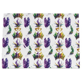 SACOLA PARA PRESENTES GRANDE MÁSCARAS E PENAS DE GRÁFICOS MARDI DOURADOS, PURPA