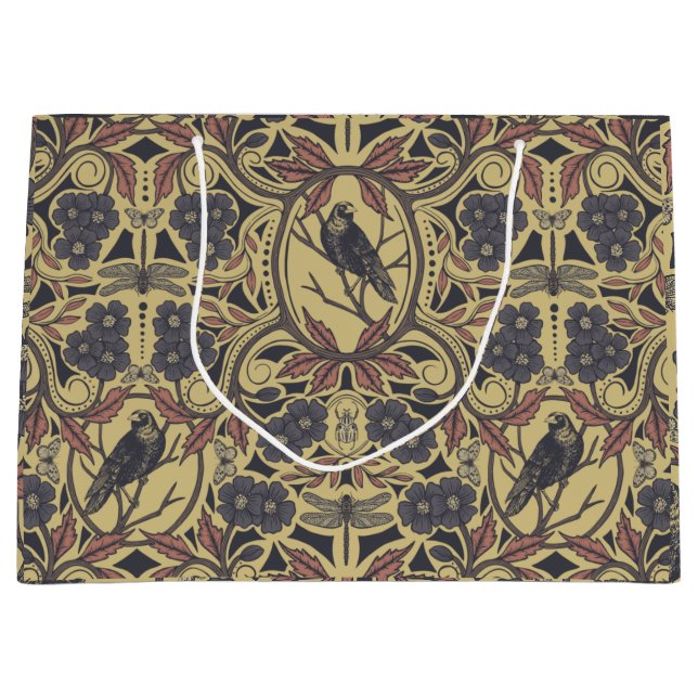 Sacola Para Presentes Grande Mauve, Tan & Cinza Crow & Dragonfly Floral (Frente)