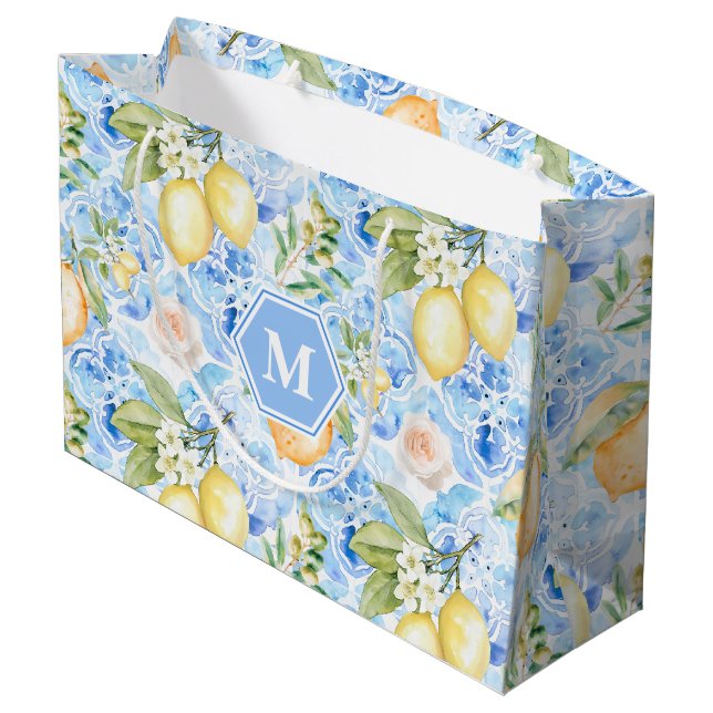 Sacola Para Presentes Grande Mediterranean Blue Tile Limoncello Monogram Name (Verso inclinado)