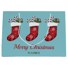 Sacola Para Presentes Grande Meias de Natal Vermelhas em Azul com Texto Persona