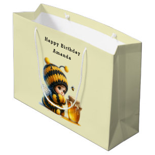Sacola Para Presentes Grande Menina Bonita em Figurino de Abelhas com Aniversár