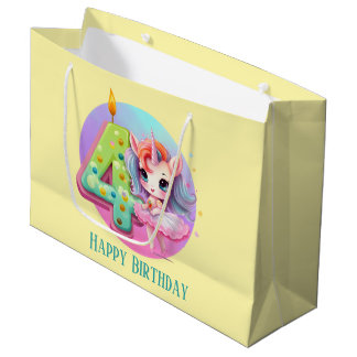 Sacola Para Presentes Grande Menina linda unicórnio 4.º Aniversário