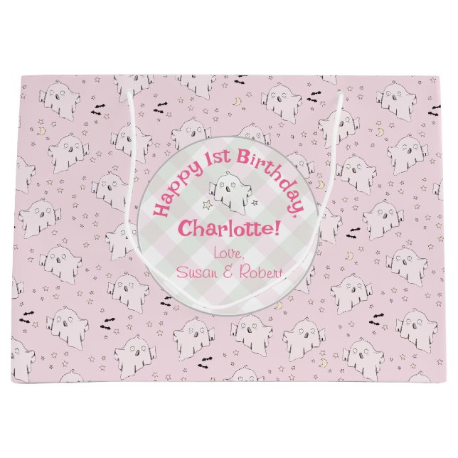 Sacola Para Presentes Grande Menina rosa Fantasmas Ghosts Bebê primeiro anivers (Frente)