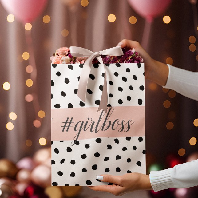 Sacola Para Presentes Grande Menina rosa moderna Pastel Chefe e Pontos Negros (Criador carregado)