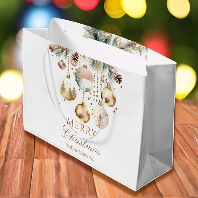 Sacola Para Presentes Grande Merda natalícia baubles metálicos (Merry Christmas boho watercolor  metallic silver gold baubles snowy pines  Large Gift Bag)