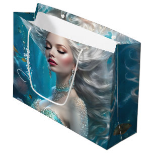 Sacola Para Presentes Grande Mermaid Silver Hair Turquoise Ocean