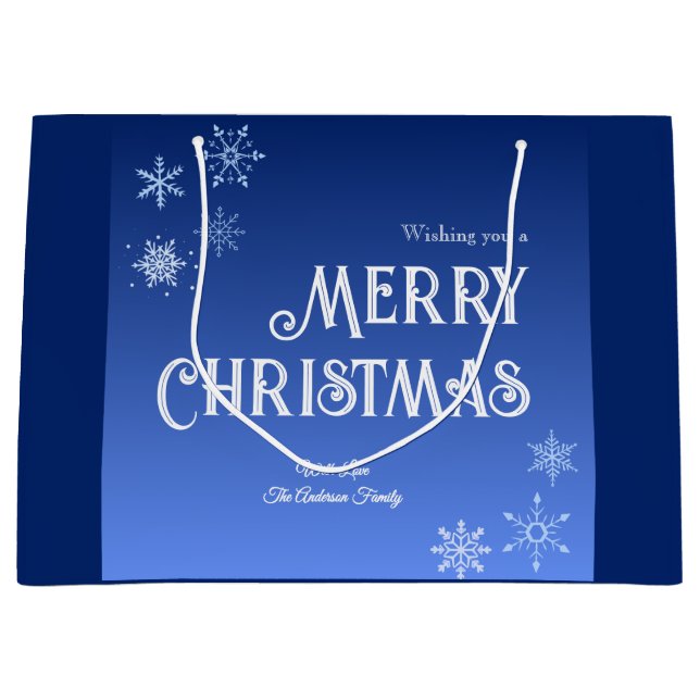 Sacola Para Presentes Grande Merry Christmas Blue Modern Snowflake (Frente)