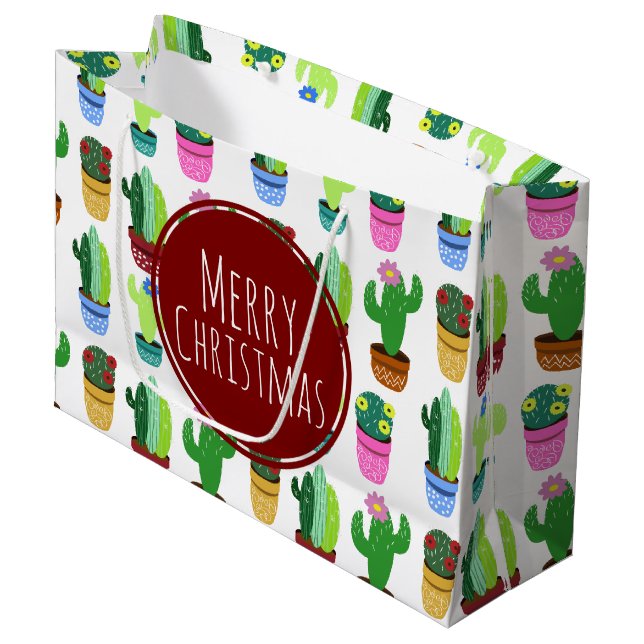 Sacola Para Presentes Grande Merry Christmas Cactus Pattern (Frente inclinada)