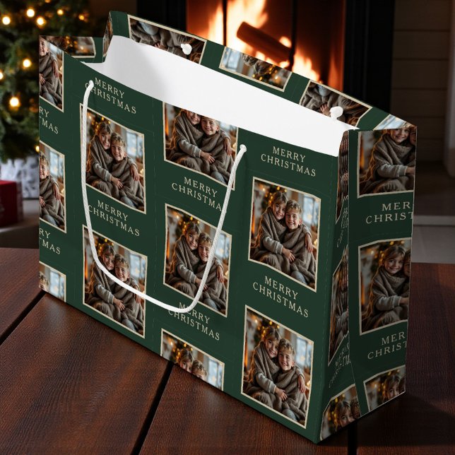 Sacola Para Presentes Grande Merry Christmas Green Photo Holiday (Criador carregado)