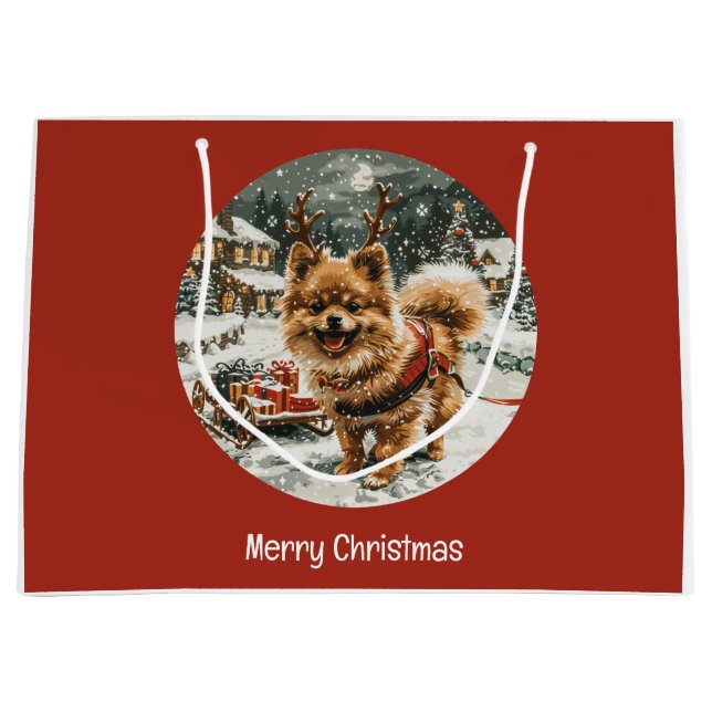 Sacola Para Presentes Grande Merry Christmas Pomeranian Reindeer Dog (Frente)