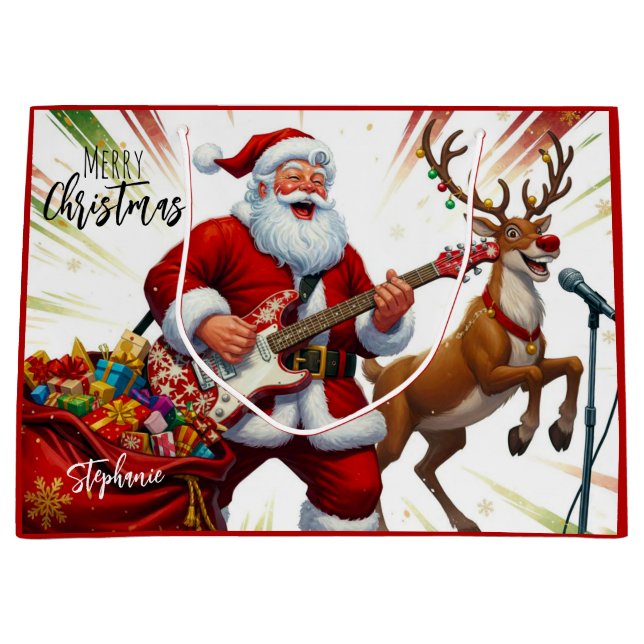 Sacola Para Presentes Grande Merry Christmas Santa Rudolf Playing Guitar (Frente)