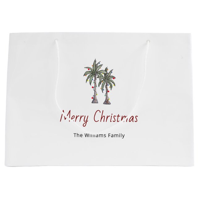 Sacola Para Presentes Grande Merry Christmas Tropical Palm Trees Beach  (Frente)