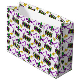 SACOLA PARA PRESENTES GRANDE MIÇANGAS DOURADAS MARDI GRAS VERDE PURPAS BRANCAS