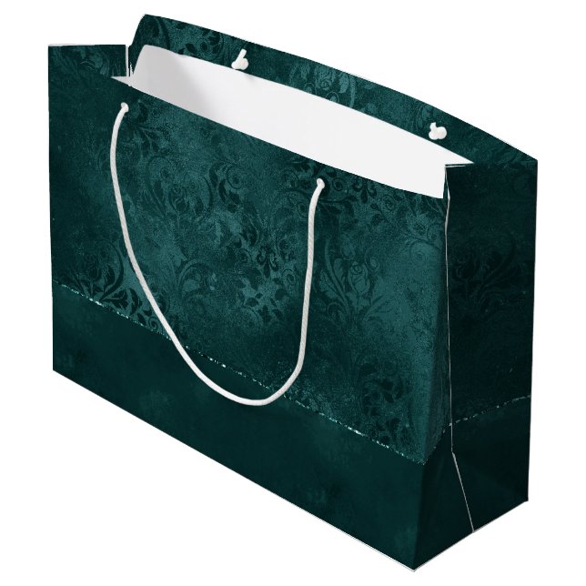 Sacola Para Presentes Grande Midnight Teal Romance | Dark Satinge Damask (Verso inclinado)