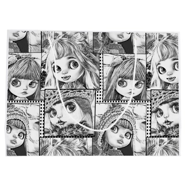 Sacola Para Presentes Grande Minhas bonecas pretas e brancas pretas (Verso)