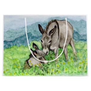 Sacola Para Presentes Grande Miniatura Donkey Mamãe e Baby Watercolor Art