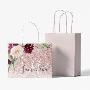 Sacola Para Presentes Grande Minigráfico de Brilho e Flor Rosa Moderno com Nom