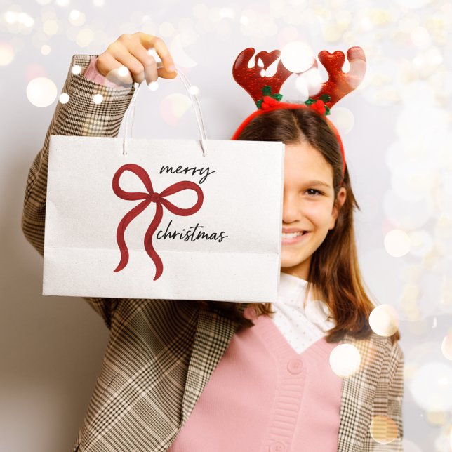 Sacola Para Presentes Grande Minimalist Red Bow Merry Christmas  (Criador carregado)