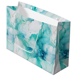 Sacola Para Presentes Grande Mint Aqua Dourada Ink Marble